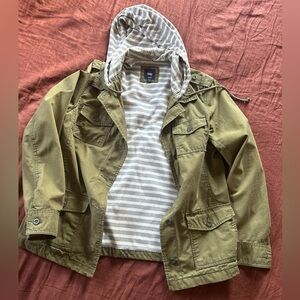 Gap Vintage Womens Button Hooded Y2K Military Jacket Striped Hood Army Green - M